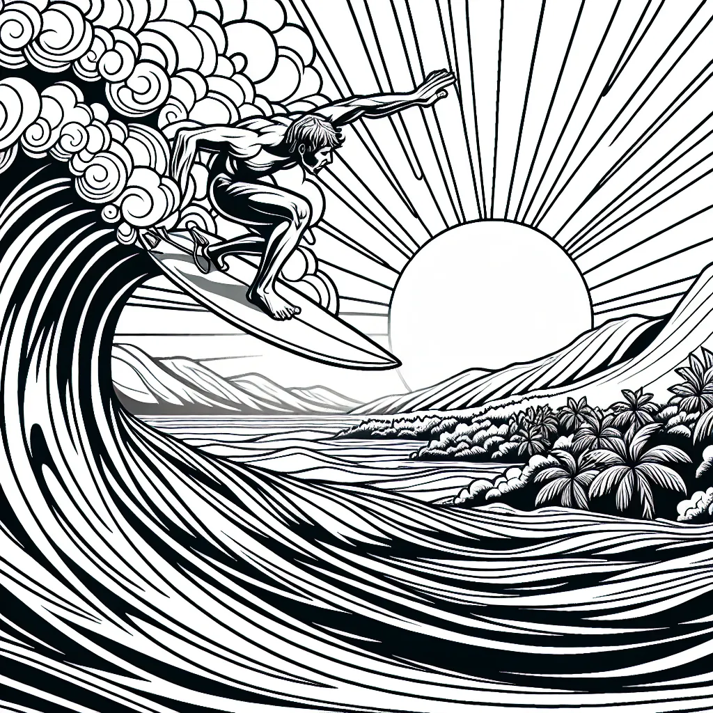 Dessine un athlète en plein effort alors qu'il fait du surf extrême sur une vague géante. En arrière-plan, un magnifique lever de soleil illumine le paysage. Relève le défi et donne vie à cette scène vibrante et pleine d'énergie par ton coloriage.