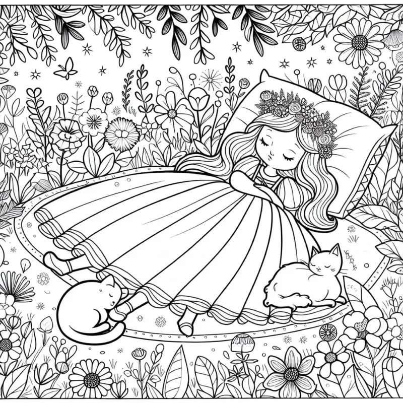 Une jeune princesse endormie dans un jardin de fleurs féeriques avec un petit chaton endormi à ses pieds.