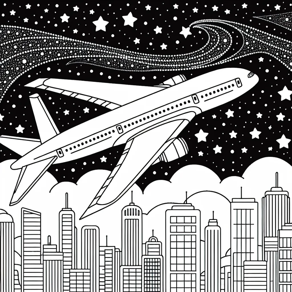 Dessine un avion de ligne traversant le ciel étoilé, survolant une ville illuminée la nuit.