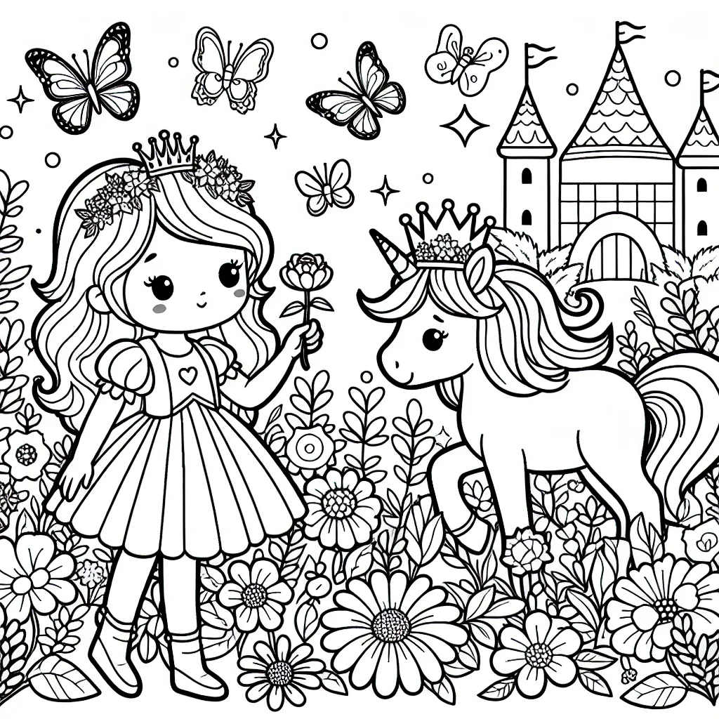 Une petite princesse et son royaume féerique plein de fleurs multicolores, papillons dansants et une licorne ravissante