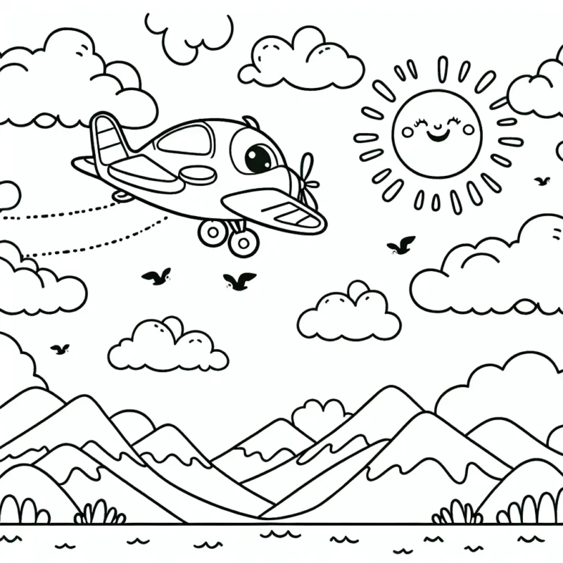 Un petit avion joyeux vole dans le ciel rempli de nuages. C'est une belle journée ensoleillée. Les montagnes sont au loin, et des oiseaux volent tout autour. L'avion est dessiné avec des détails pour les enfants à colorier.