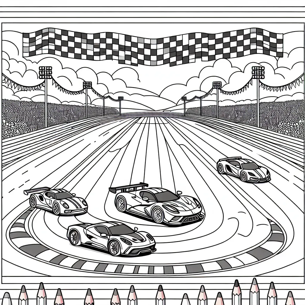 Dessine une course épique de voitures sportives sur une piste animée, avec une foule qui regarde en admiration. Les voitures peuvent être de différentes formes et tailles, et la piste peut avoir des virages sinueux et des lignes droites. N'oublie pas de remplir la scène avec des drapeaux, des lumières et des détails pour rendre la course réaliste!