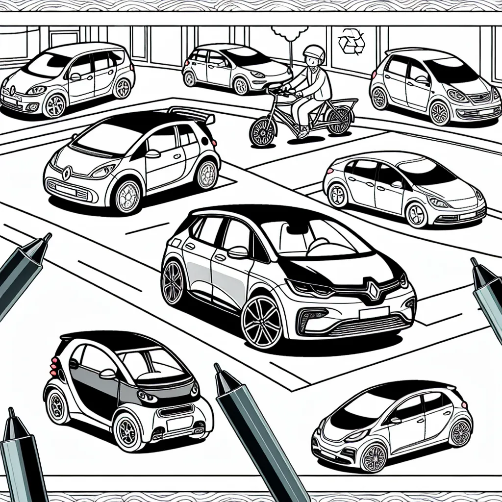 Dessiner une variété de voitures par marque comme Renault, Peugeot, Mercedes et Tesla sur une route animée.