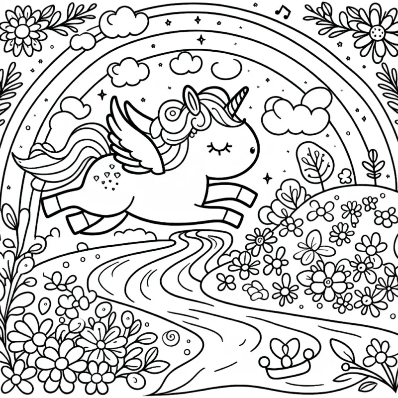 Une petite licorne espiègle vole au-dessus de la rivière chantante et des fleurs aux mille couleurs.