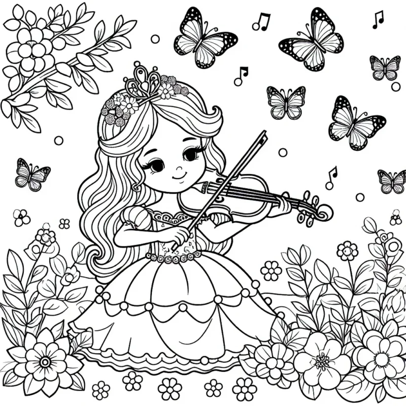 Une princesse jouant du violon dans un jardin fleuri entourée de papillons colorés.