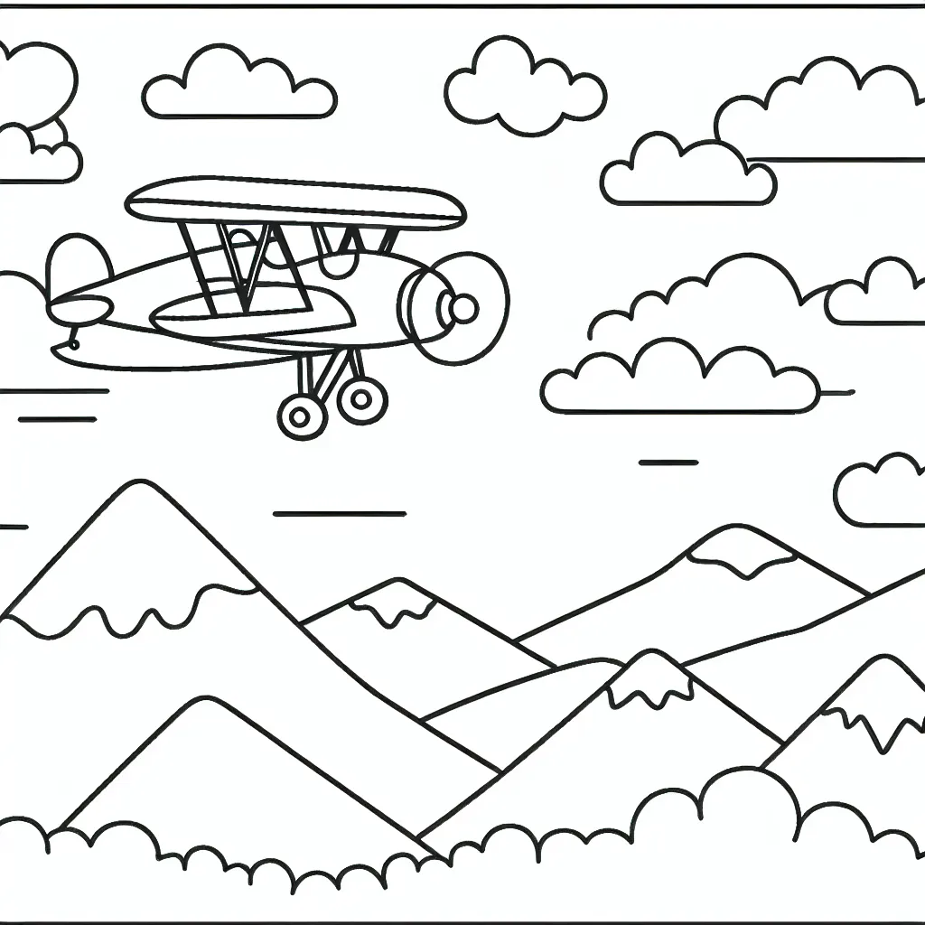 Dessine un avion biplan volant au-dessus de montagnes avec des nuages parsemés dans le ciel.