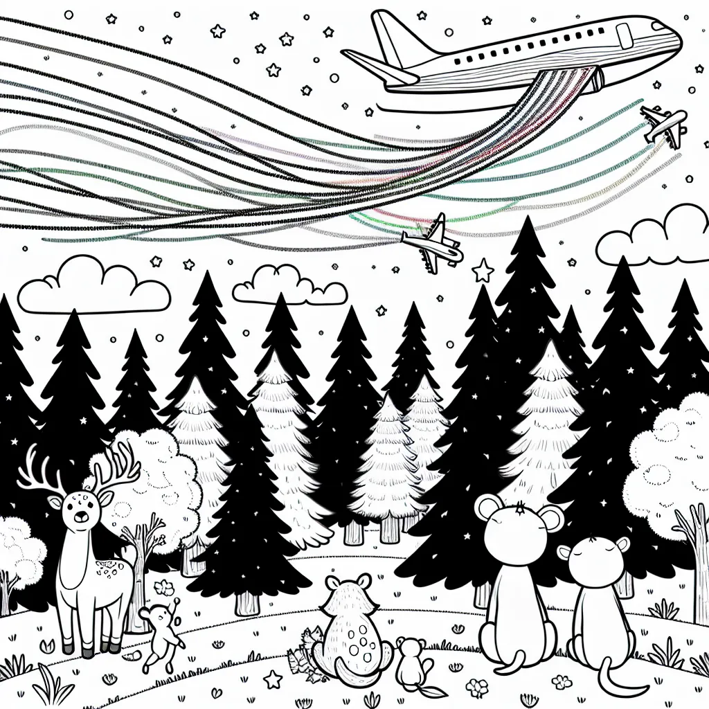 Un avion passe au-dessus de la forêt, faisant briller dans le ciel des contrails colorés. Parmi les arbres de la forêt, les animaux le regardent passer, curieux et ébahis. Quels couleurs choisirez-vous pour cet scène pittoresque.