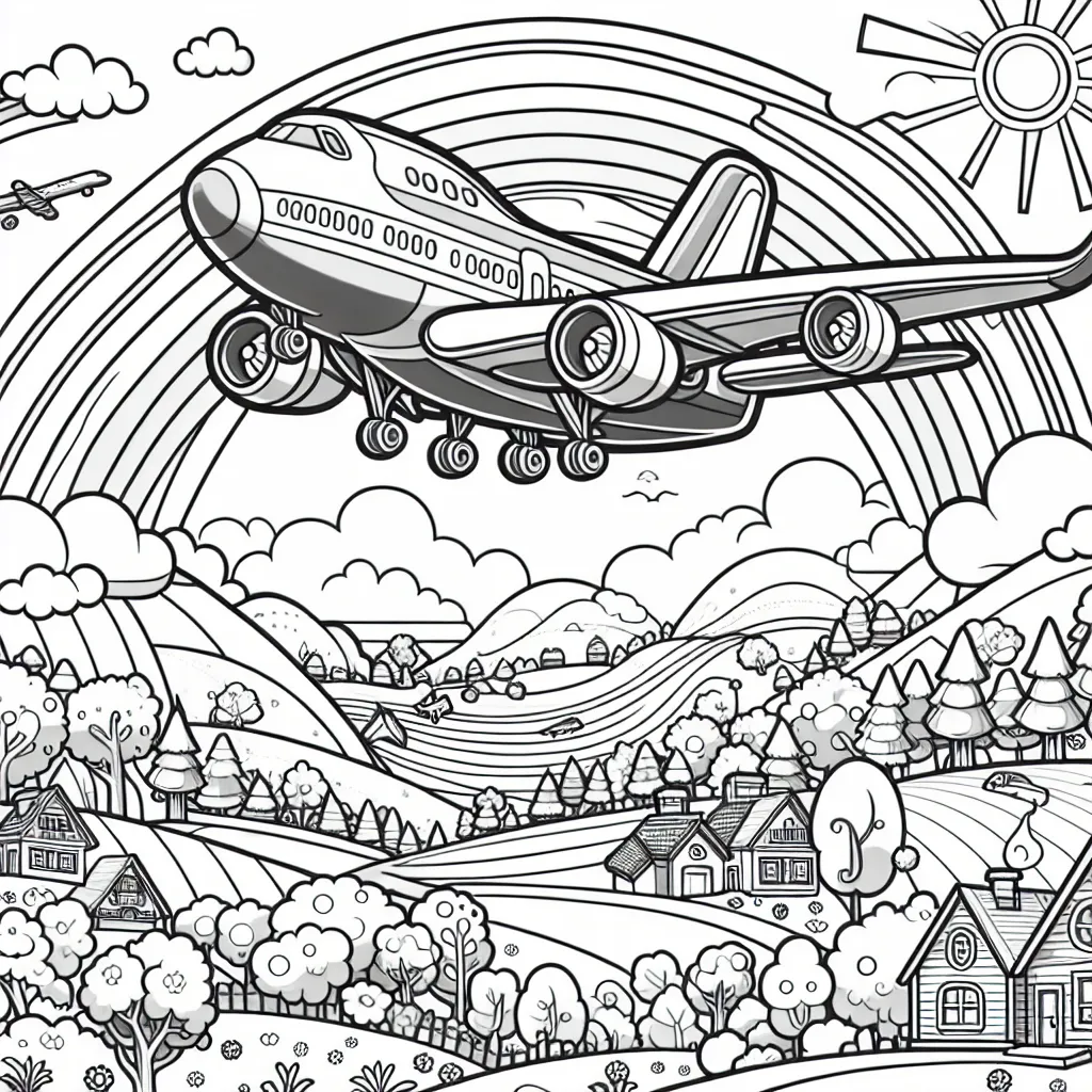 Pour ce dessin, tu dois colorier un magnifique avion volant haut dans le ciel pendant une belle journée ensoleillée. L'avion est grand et détaillé, plein de différentes zones à colorier. Il vole par-dessus un paysage dessiné en-dessous, qui comprend des maisons, des arbres et un bel arc-en-ciel.