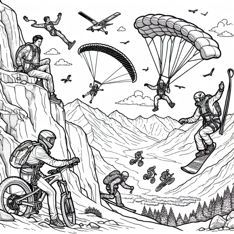 Imagine un dessin représentant des sportifs partant à l'aventure sur une montagne escarpée, faite de rochers bruts et de neige, avec leur équipement de sports extrêmes. Un parachutiste prépare son saut au sommet, un surfeur des neiges dévale la pente à toute vitesse, tandis qu'un escaladeur affronte un mur rocheux avec détermination. Dans le ciel, un deltaplane survole la scène, tandis qu'au sol, un VTTiste grimpe difficilement le sentier.