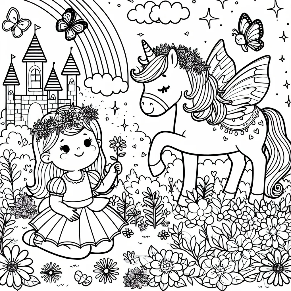 Une petite princesse avec sa licorne magique dans un royaume enchanté entourée de papillons colorés et de jolis fleurs