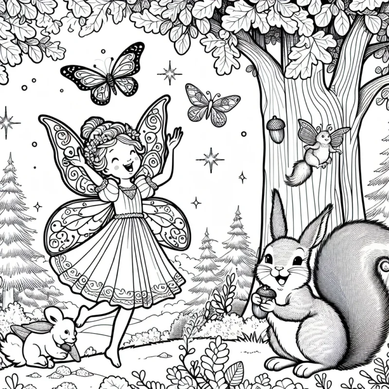 Une petite fée danse joyeusement dans une forêt enchantée, entourée de créatures amicales de la forêt. Un petit lapin la regarde avec admiration tandis qu'un écureuil joue avec ses glands. Des papillons scintillants volent autour d'elle, et un vieux chêne sourit aimablement à ses pieds.