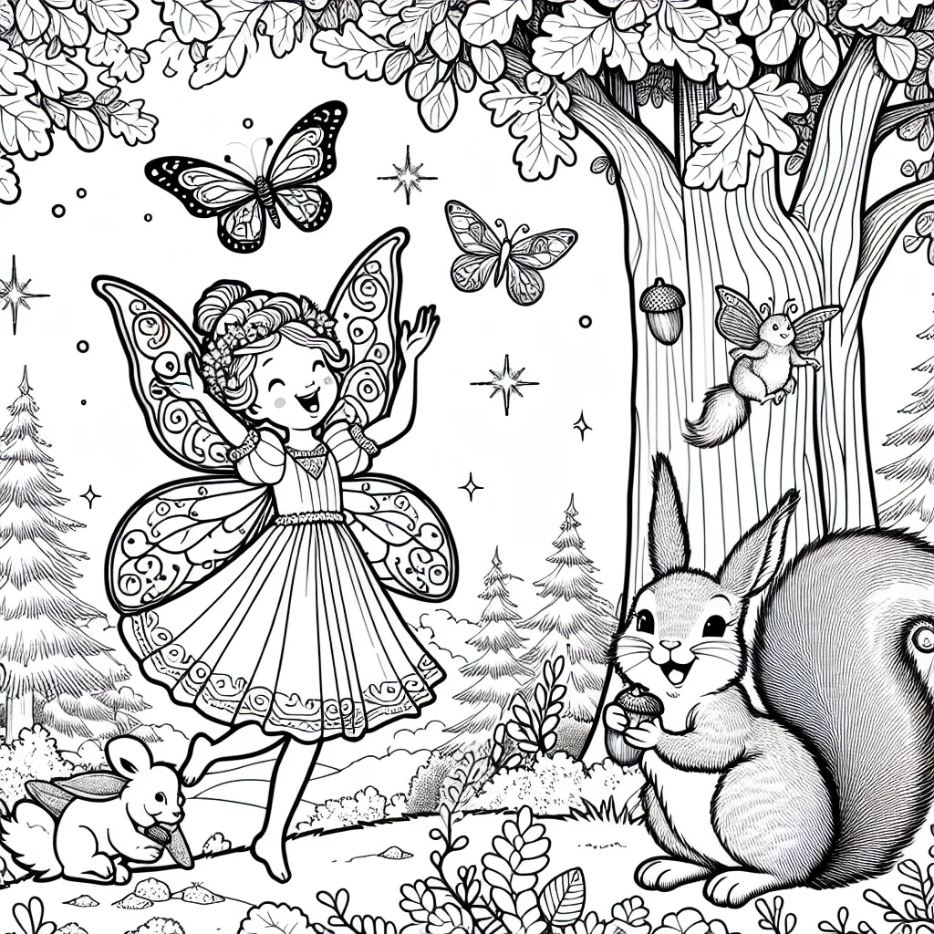 Une petite fée danse joyeusement dans une forêt enchantée, entourée de créatures amicales de la forêt. Un petit lapin la regarde avec admiration tandis qu'un écureuil joue avec ses glands. Des papillons scintillants volent autour d'elle, et un vieux chêne sourit aimablement à ses pieds.