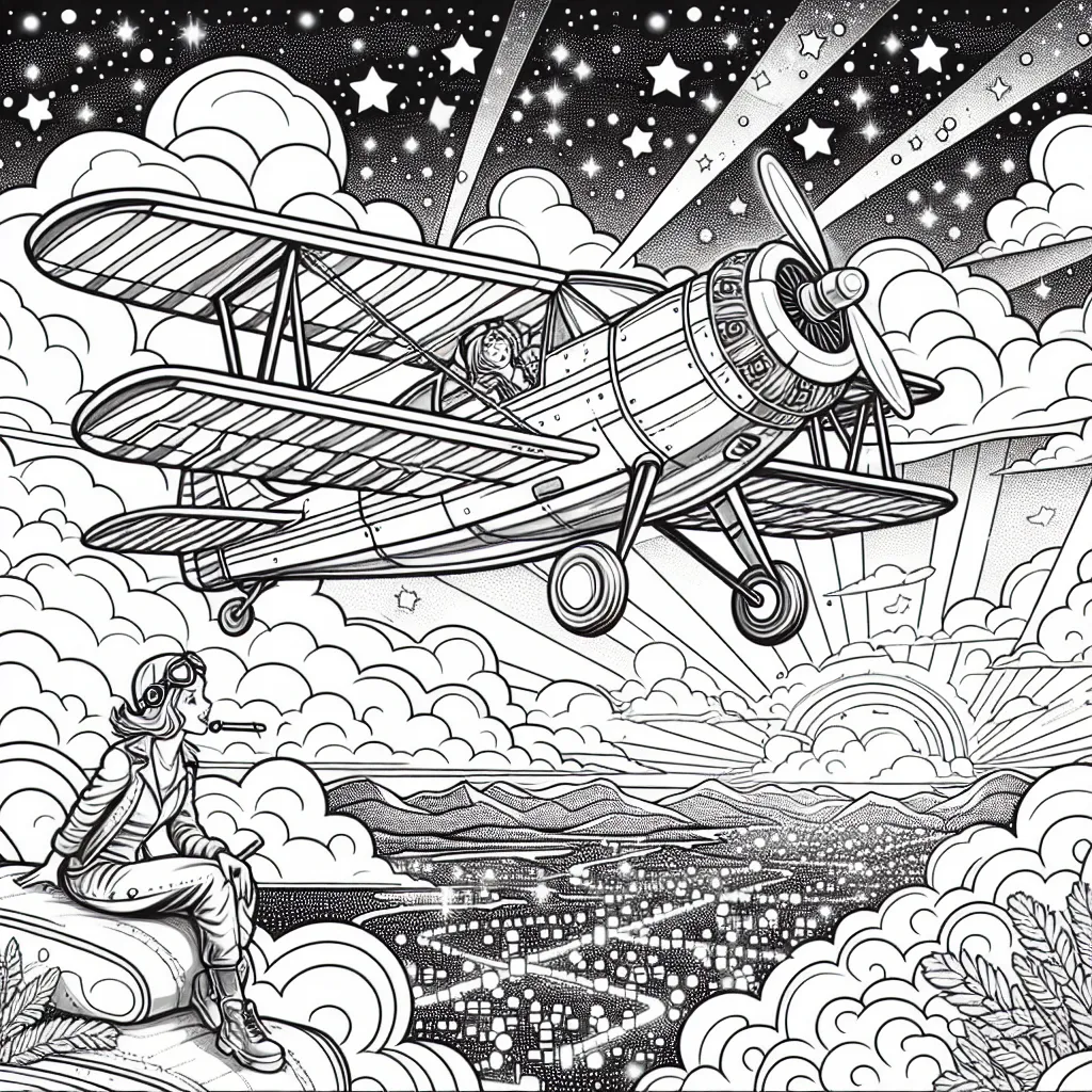 Un avion plein de surprises surplombe les nuages, un pilote courageux à son bord. Aux commandes de cette formidable machine, le pilote virevolte à travers le ciel éblouissant. Devant lui, le soleil est juste sur le point de se coucher, et le ciel est éclaboussé d'éclats violets, roses, oranges et jaunes. Que de belles couleurs à colorier ! Sur le sol en dessous, on peut voir la ville et ses mille lumières qui scintillent. Parviendras-tu à colorier ce paysage fascinant ?