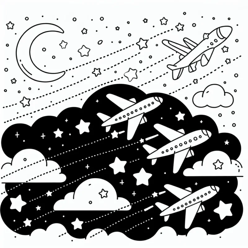 Imagine un avion traversant le ciel étoilé avec plusieurs autres petits avions suivant derrière lui. Dessine des étoiles, la lune et peut-être même quelques planètes alors que ces avions voyagent ensemble dans le ciel nocturne.