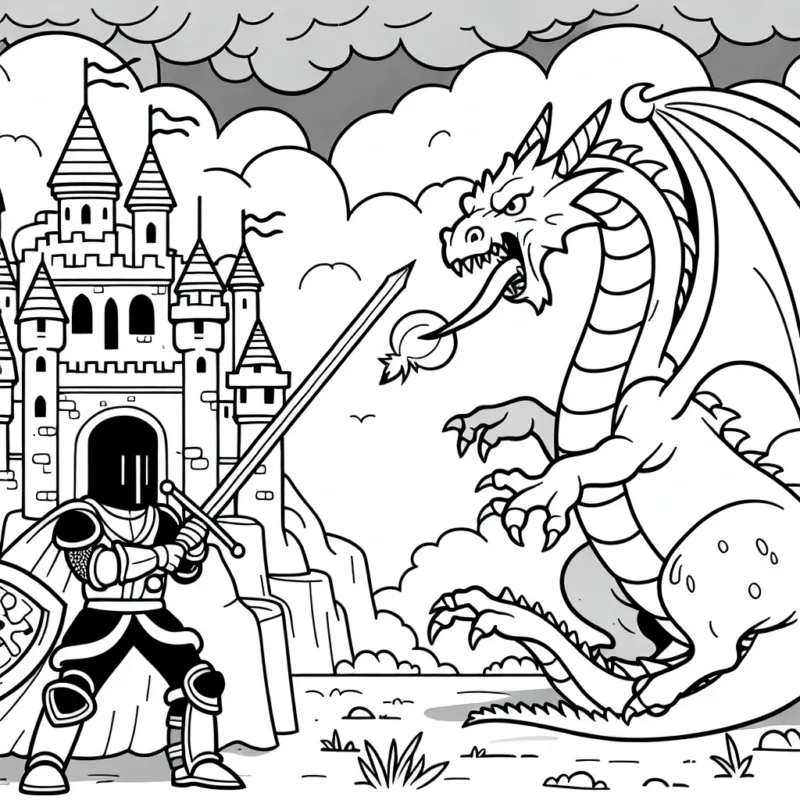 dessiner un chevalier qui défend un château contre un dragon