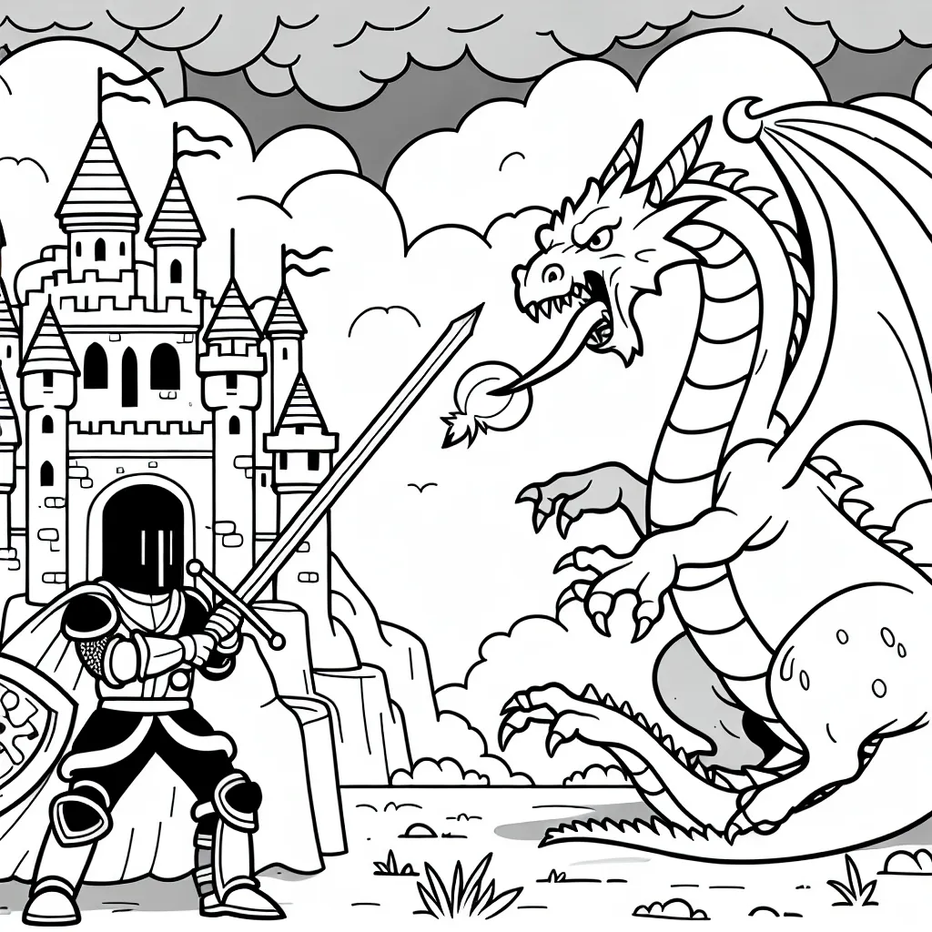 dessiner un chevalier qui défend un château contre un dragon