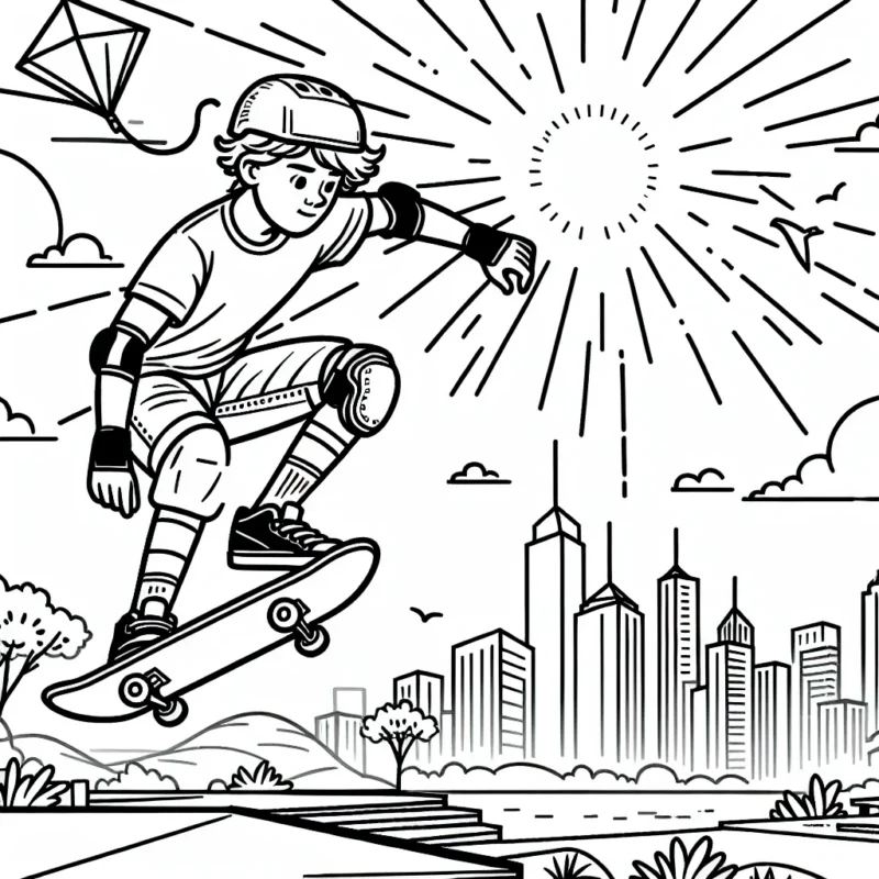 Un skateur professionnel effectue des figures incroyables dans un parc de skate urbain. Il est sous le soleil brillant, avec un fond de paysage urbain parsemé de gratte-ciel. Il y a un cerf-volant volant haut dans le ciel. Le skateur porte un casque, des genouillères et des coudières pour sa sécurité.