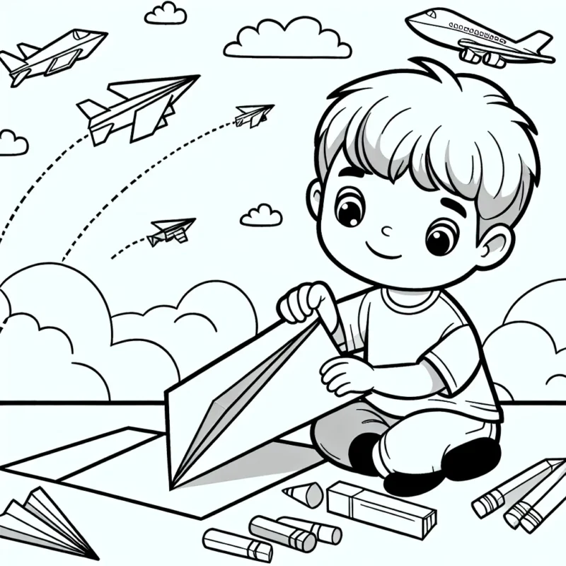 Un enfant qui construit un avion en papier devant plusieurs avions volant dans le ciel