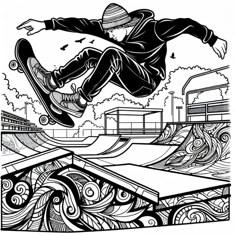 Illustration d'un skateur effectuant un saut spectaculaire sur une rampe dans un skatepark, avec un graffiti coloré en arrière-plan