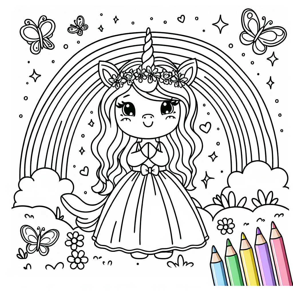 Dessine Mademoiselle Licorne sous un arc-en-ciel avec des papillons