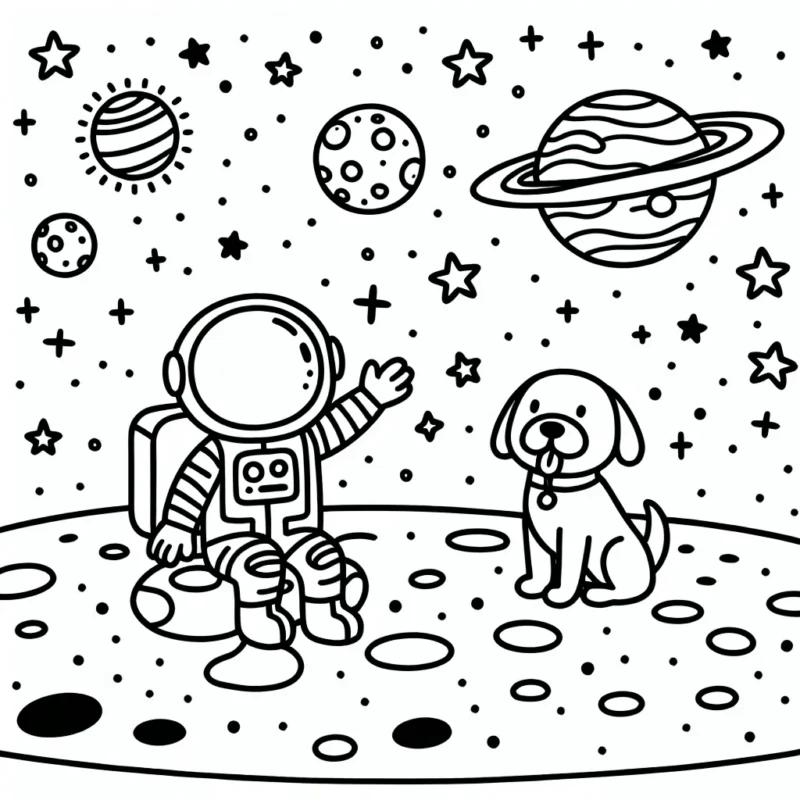 Un astronaute joue avec son chien spatial sur la Lune, entouré d'étoiles scintillantes et de planètes lointaines.