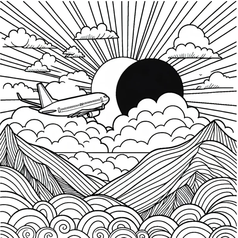 Imagine un avion volant haut dans le ciel avec des montagnes en arrière-plan. Le soleil se couche parmi les nuages, créant une scène à couper le souffle avec de belles couleurs et des détails subtils.