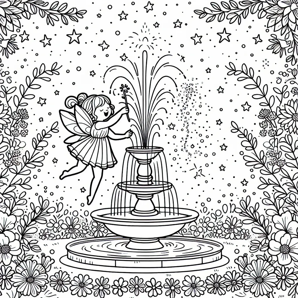 Une petite fée danse joyeusement autour d'une fontaine sertie de fleurs épanouies, sous un ciel étoilé.