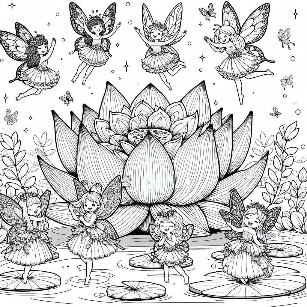 Un groupe de fées dansant joyeusement autour d'une magnifique fleur de lotus géante sur l'étang enchanté. Chaque fée a des ailes de papillon uniques et des robes de fée brillantes.