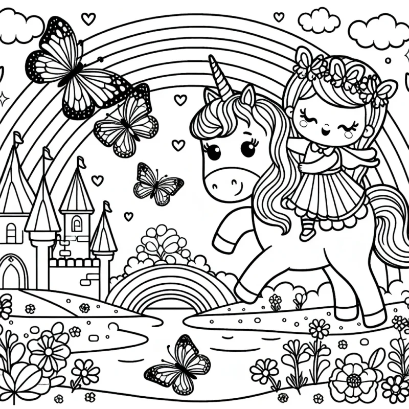 Une petite licorne mignonne joue avec des papillons enchantés dans un paysage de rêve composé d'arc-en-ciel et de château de princesse.