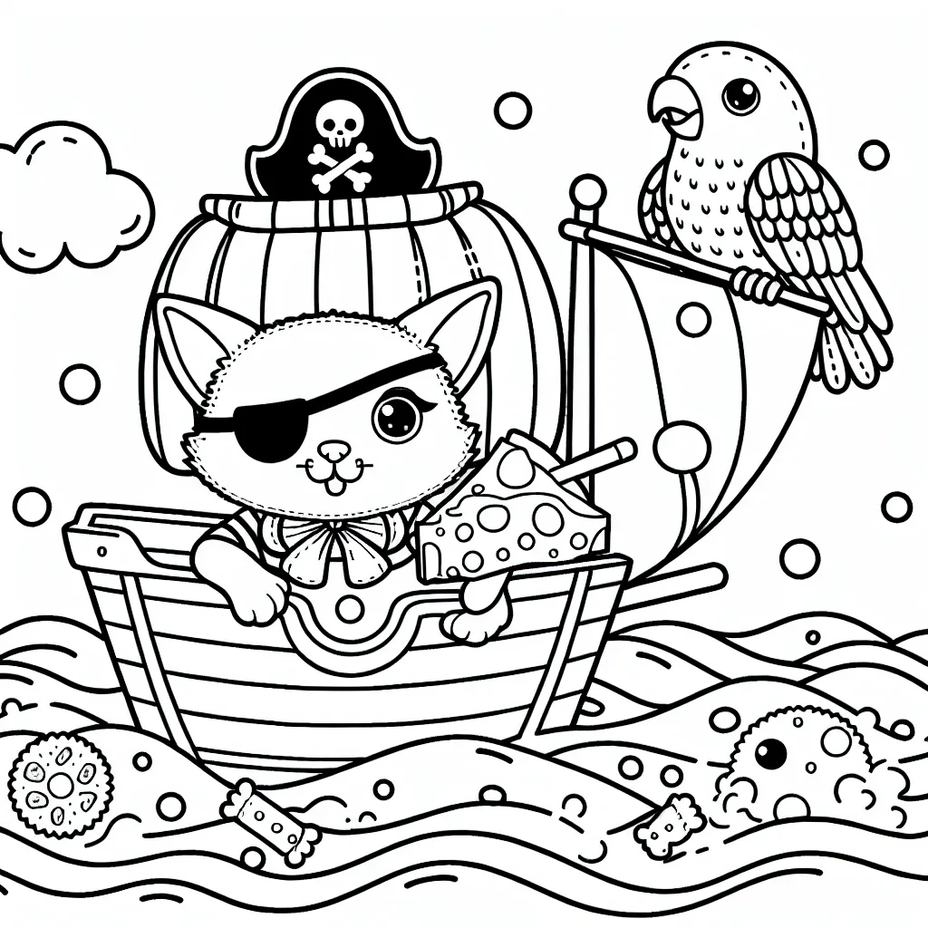 Un chat pirate qui navigue sur un océan de lait dans un bateau fromage, entouré d'oiseaux biscuit avec un perroquet bonbon sur son épaule