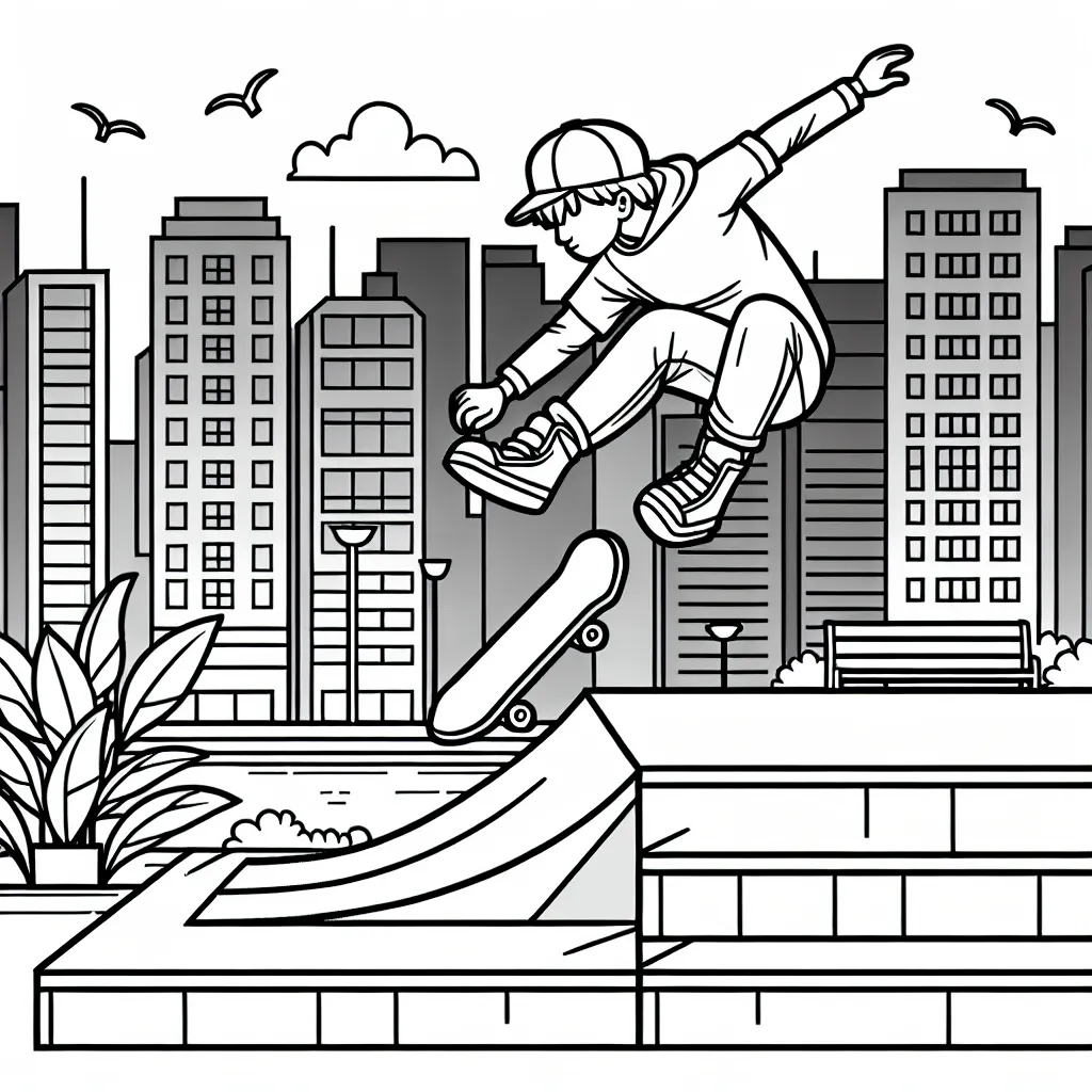 Dessine un athlète accomplissant un saut impressionnant avec son skateboard sur une rampe dans un paysage urbain