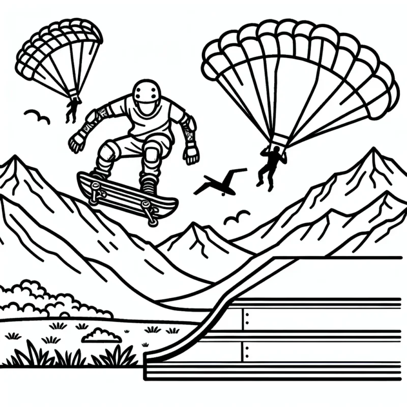 Un skateur effectuant un trick audacieux sur une rampe, entouré de montagnes avec des parachutistes en arrière-plan.