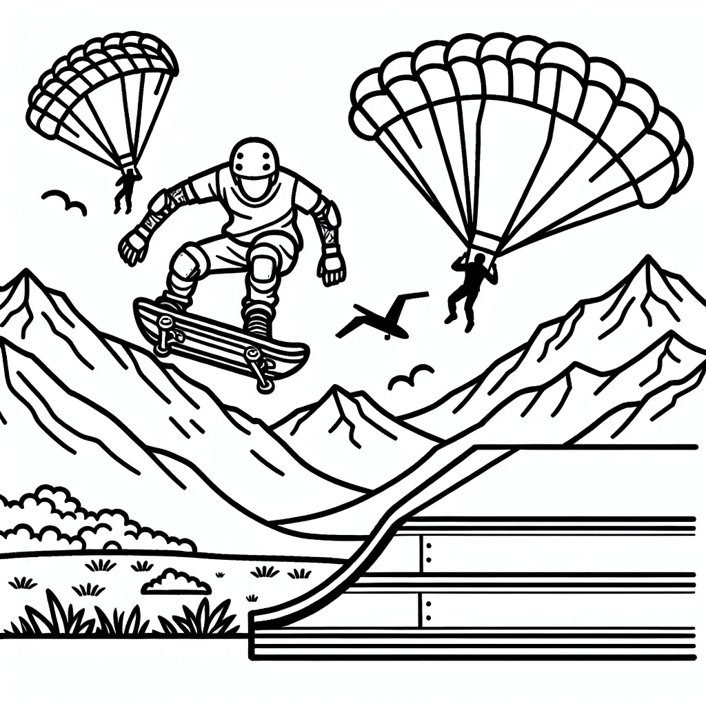 Un skateur effectuant un trick audacieux sur une rampe, entouré de montagnes avec des parachutistes en arrière-plan.