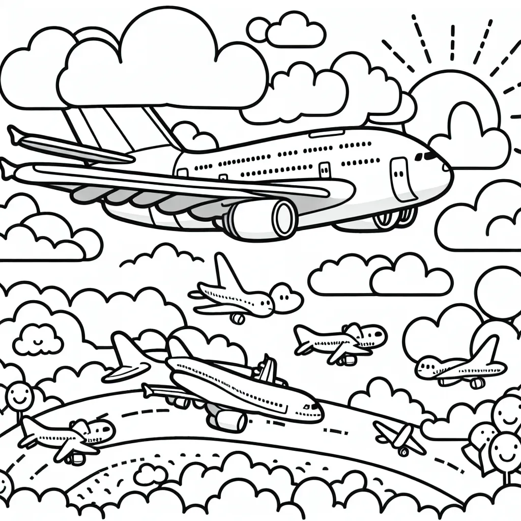 Un Airbus A380 survolant un champ de nuages avec différents types de mini avions.