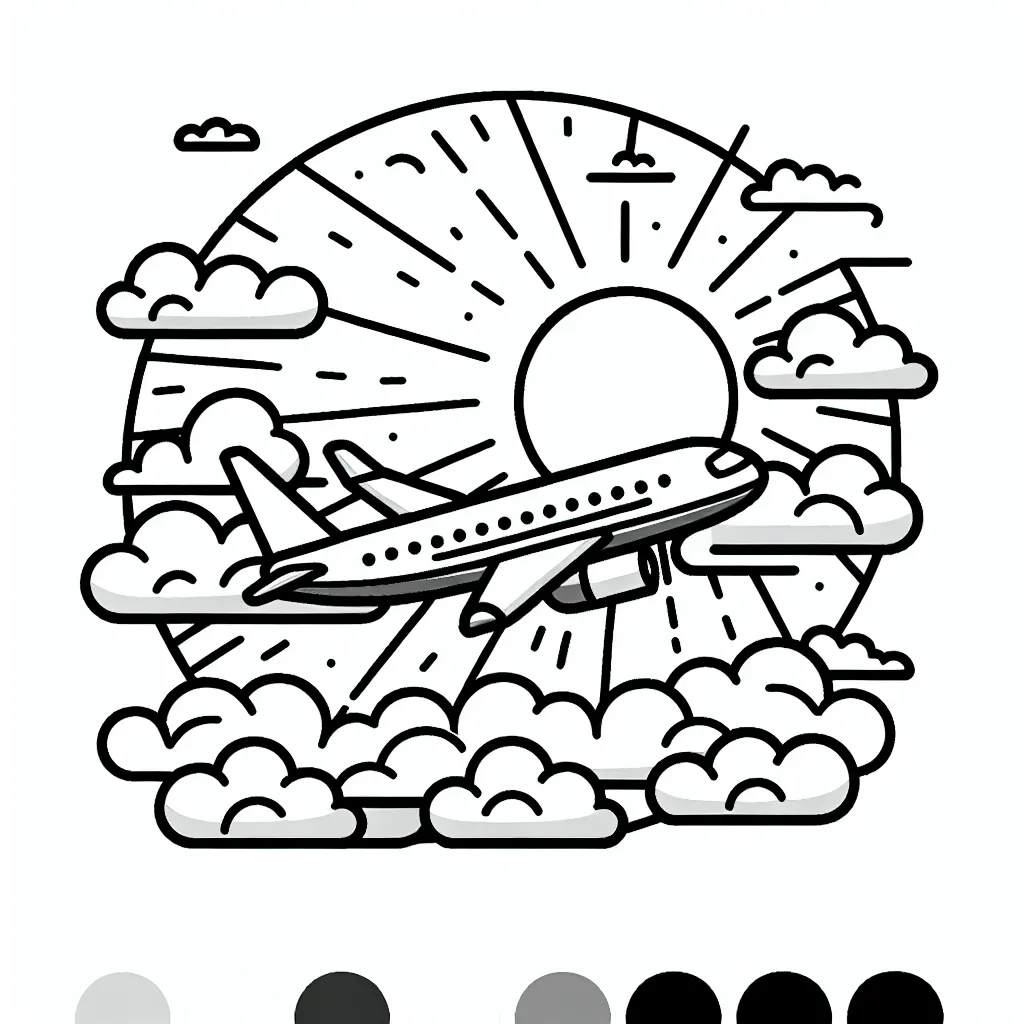 Dessine un avion de ligne volant au-dessus des nuages, avec le soleil couchant en arrière-plan.