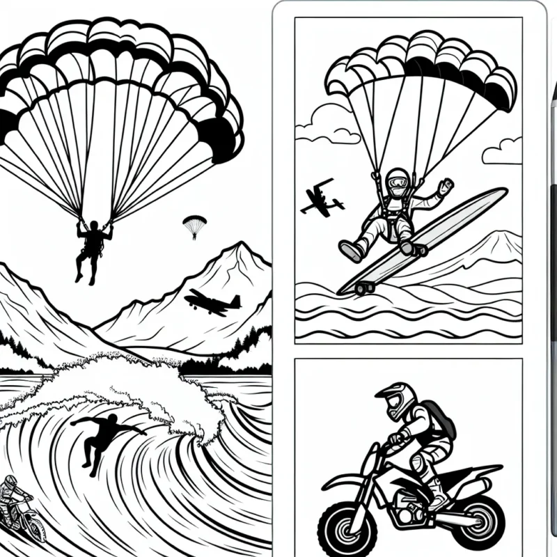 Dessine un parachutiste survolant une montagne, un surfeur chevauchant une énorme vague et un motard effectuant une acrobatie audacieuse.