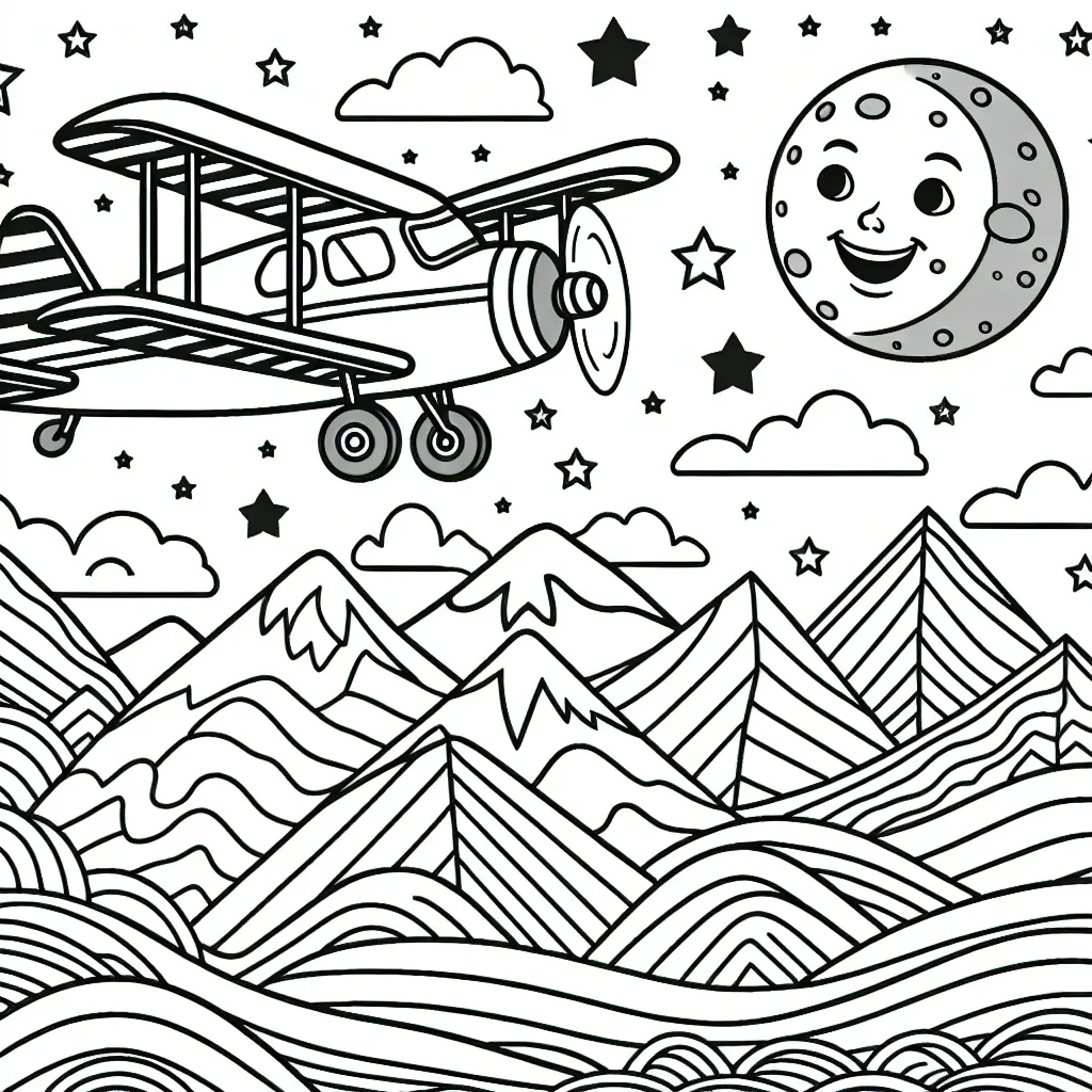 Un avion volant au-dessus d'un paysage montagneux extraordinaire, traversant un ciel étoilé avec la Lune souriante en fond.