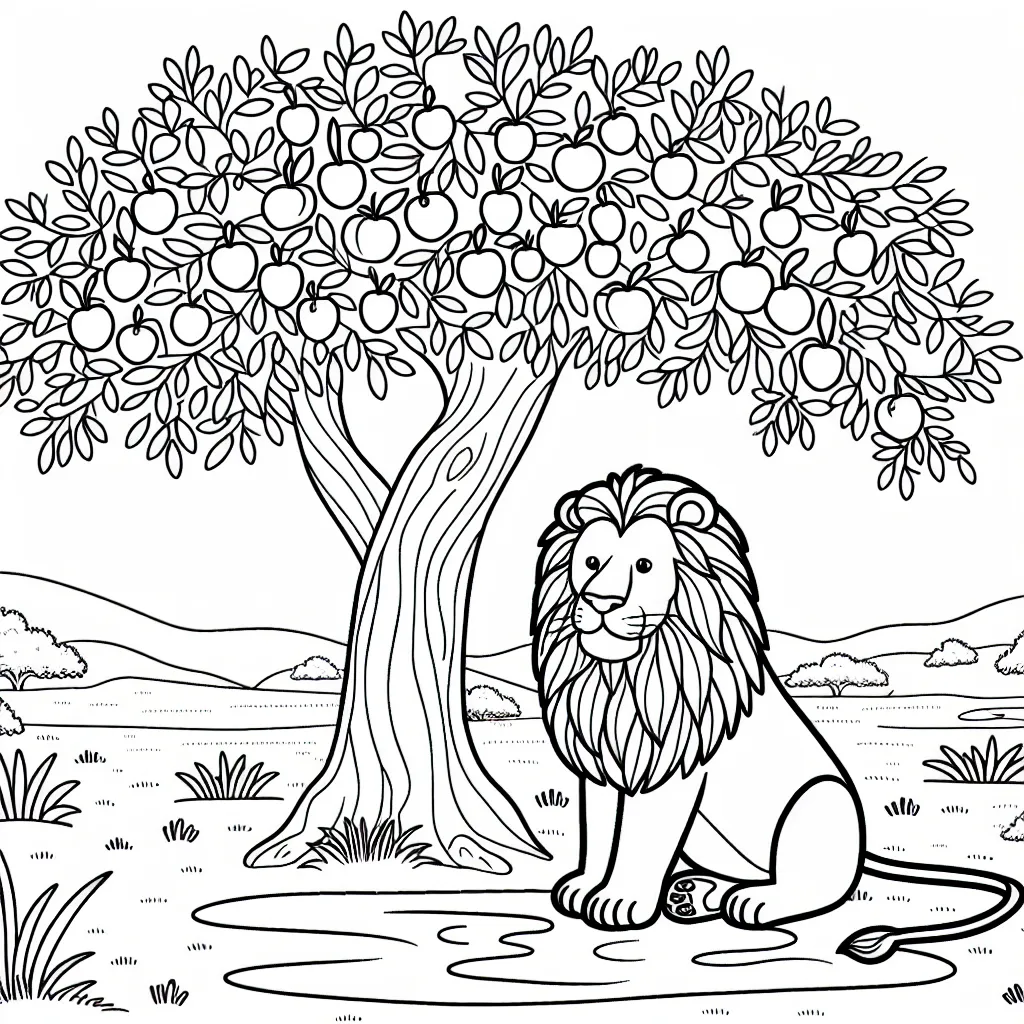 Colorie un lion majestueux sous un arbre fruitier au milieu de la savane africaine.