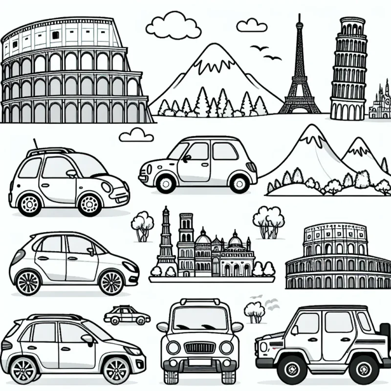 Tracez les différentes marques de voitures dans les scènes illustrant leur pays d'origine. Par exemple, dessinez une Fiat devant le Colisée de Rome, une Toyota sur le Mont Fuji, une Renault près de la Tour Eiffel, une BMW près du château de Neuschwanstein en Allemagne et une Chevrolet au bord du Grand Canyon. Ajoutez également des logos de ces marques de voitures pour une activité bonus de reconnaissance des marques.