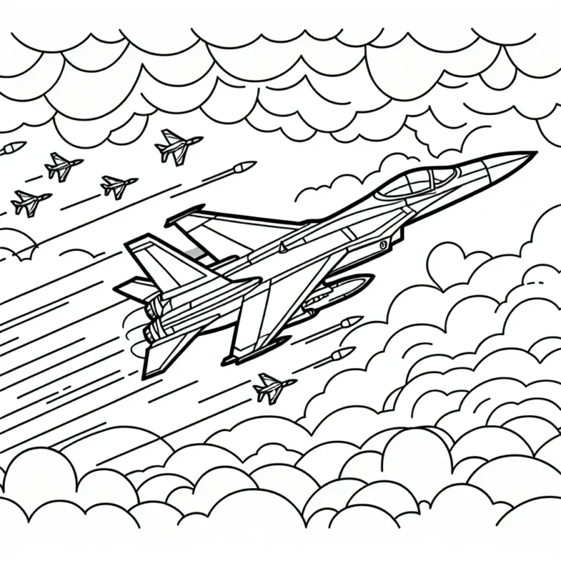 Dessine un avion de chasse dynamique en plein vol au-dessus des nuages, accompagné par un groupe de petits oiseaux.