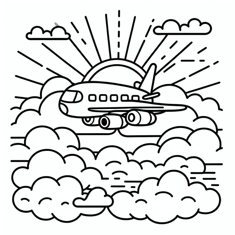 Dessiner un avion de ligne survolant les nuages avec le lever du soleil en arrière-plan