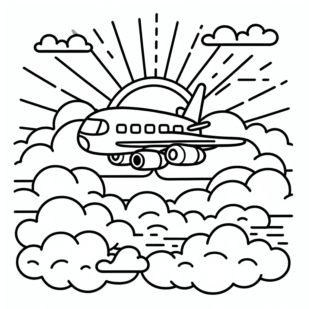 Dessiner un avion de ligne survolant les nuages avec le lever du soleil en arrière-plan