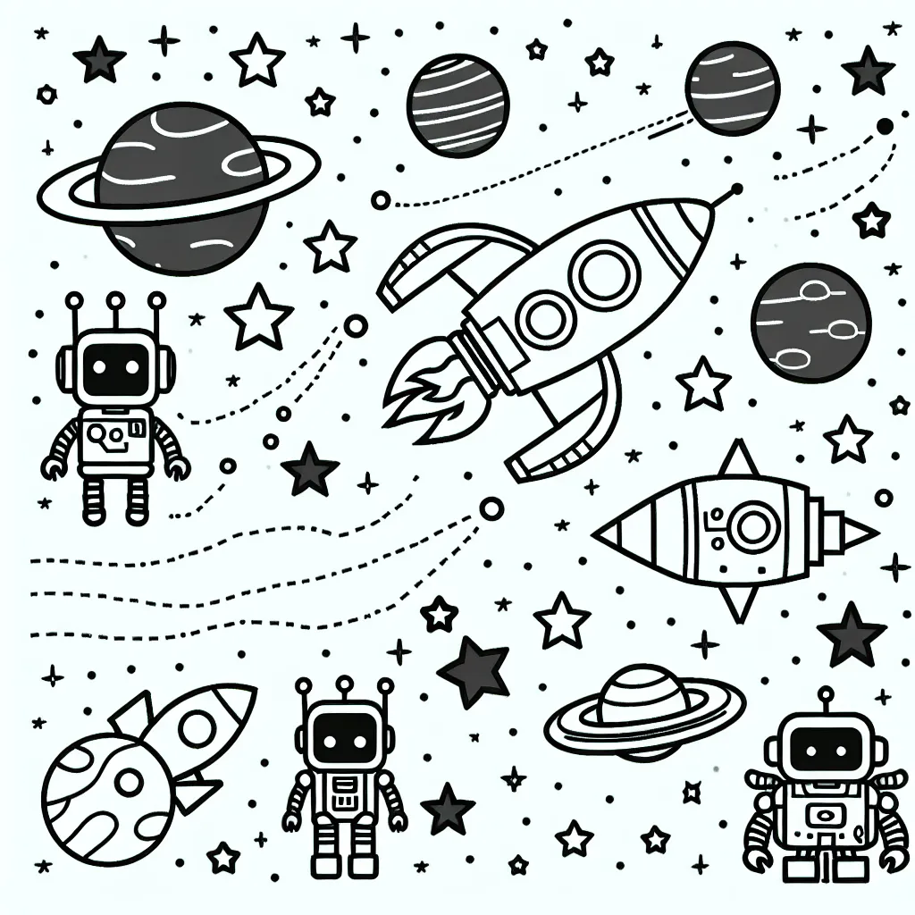 Dessine une course de vaisseaux spatiaux dans l'espace avec des planètes, des étoiles et des comètes. Chaque vaisseau est conduit par un robot different.