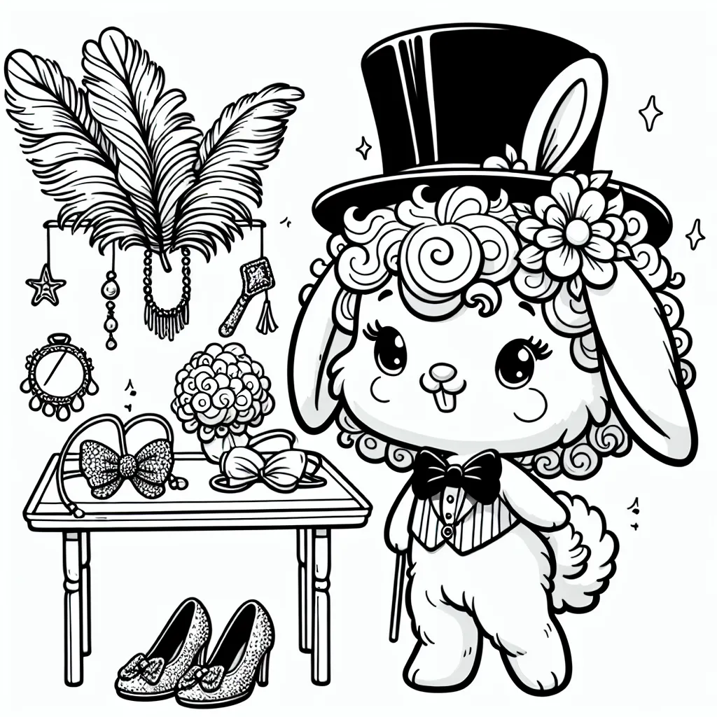 Un petit lapin coquet se prépare pour le grand bal des animaux de la forêt. Sur un grande table se trouvent différents accessoires : un chapeau à plumes, une perruque avec des bouclettes, une baguette magique pailletée, un costume avec un nœud papillon et des chaussures vernies.