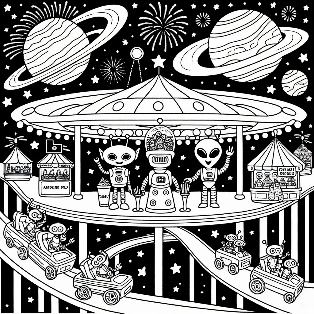 Imaginez un alien sympa d'une autre galaxie, qui organise une fête avec ses amis les robots dans un parc d'attractions spatial. Il y a des montagnes russes qui passent à travers des anneaux de planètes, des stands de nourriture extraterrestre et un grand feu d'artifice interstellaire pour finir la soirée en beauté. Essayes de rendre cette scène aussi futuriste et amusante que possible.