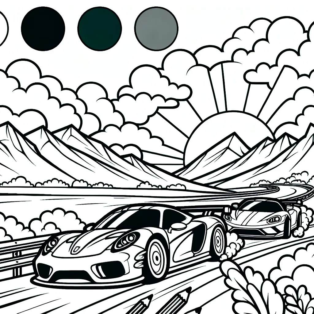 Dessine une course effrénée de voitures de sport sur une piste sinueuse, avec des montagnes et un coucher de soleil en arrière-plan