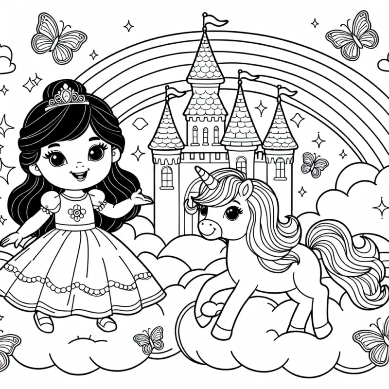 Un merveilleux château sur un nuage avec une petite princesse et son poney magique, entourés de jolis papillons et d'arc-en-ciel lumineux.