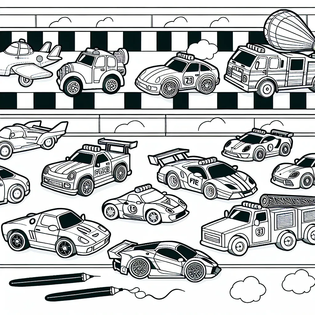 Un circuit passionnant attend nos petites voitures colorées. Des voitures de sport, des camions de pompier, des voitures de police et même une voiture volante, elles sont toutes sur la ligne de départ prêtes à faire la course. N'oubliez pas, vous avez les pleins pouvoirs pour donner aux voitures les couleurs que vous aimez le plus. Alors, êtes-vous prêt à donner le coup de départ ?