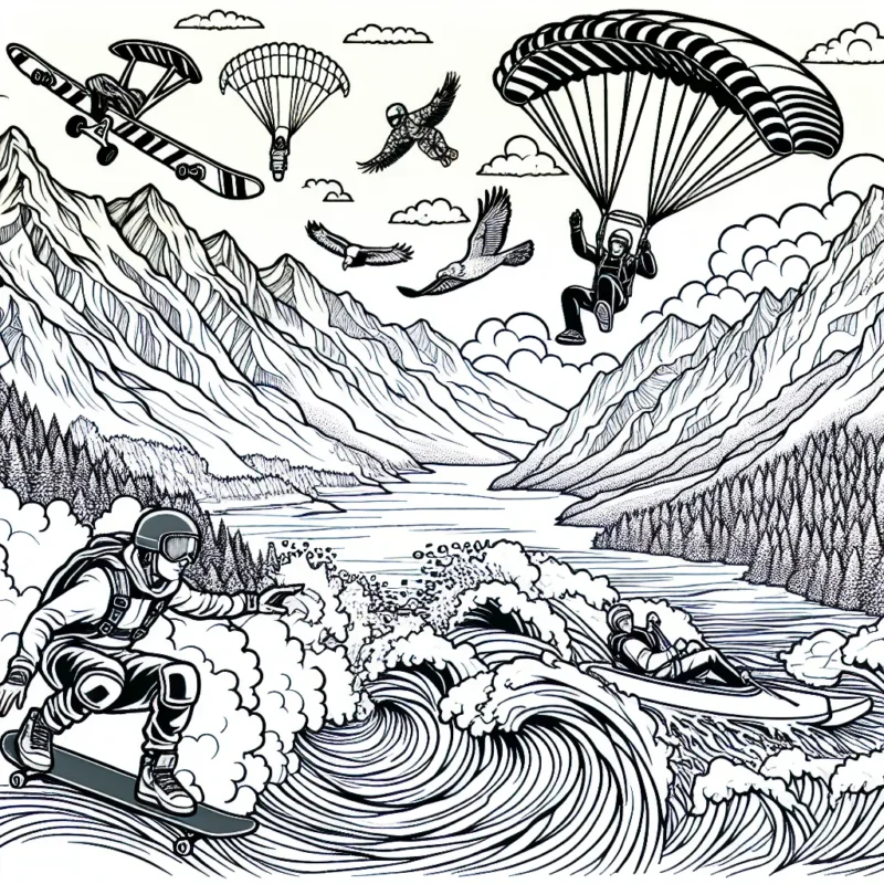 Sur une planche à roulettes, qui défie la gravité, au milieu de montagnes, de neige et de nature sauvage. Un parachutiste devient un oiseau et vole haut dans le ciel. Un surfeur affronte des vagues énormes. Un aventurier fait du rafting à travers des rivières sauvages et des cascades. Dessine des courageux athlètes pratiquant du sport extrême. Utilise de vives couleurs pour rendre l'excitation et le frisson de ces sports extrêmes.