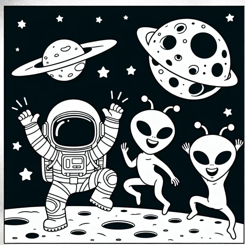 Un astronaute en train de danser avec des aliens sur la lune